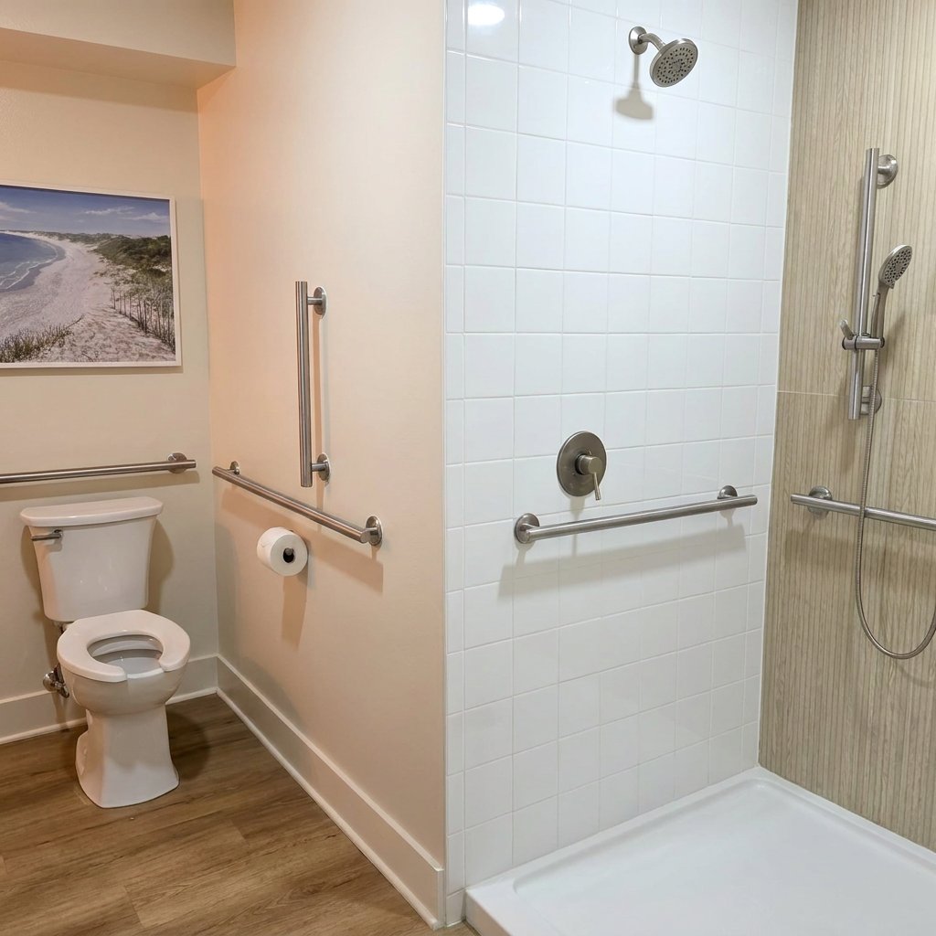 Accessible bathroom with grab bars and walk-in shower